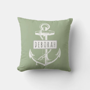 Vintage anchor and name green nautical reversible cushion