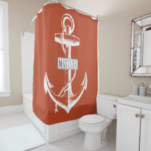 Vintage anchor and name on terracotta nautical shower curtain