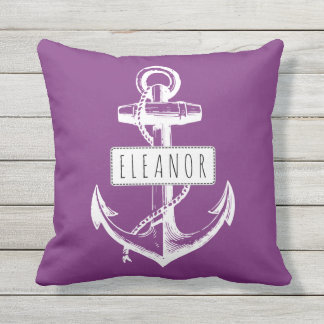 Vintage anchor and name purple nautical reversible outdoor cushion