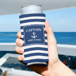 Vintage Anchor Captain or Boat Name Navy Stripes Seltzer Can Cooler<br><div class="desc">A stylish nautical themed "tall" can cooler with your personalised Captain rank - title and name,  boat name or other desired text. This custom design feature a vintage boat anchor and navy blue and white stripes. Makes a great gift for any occasion.</div>