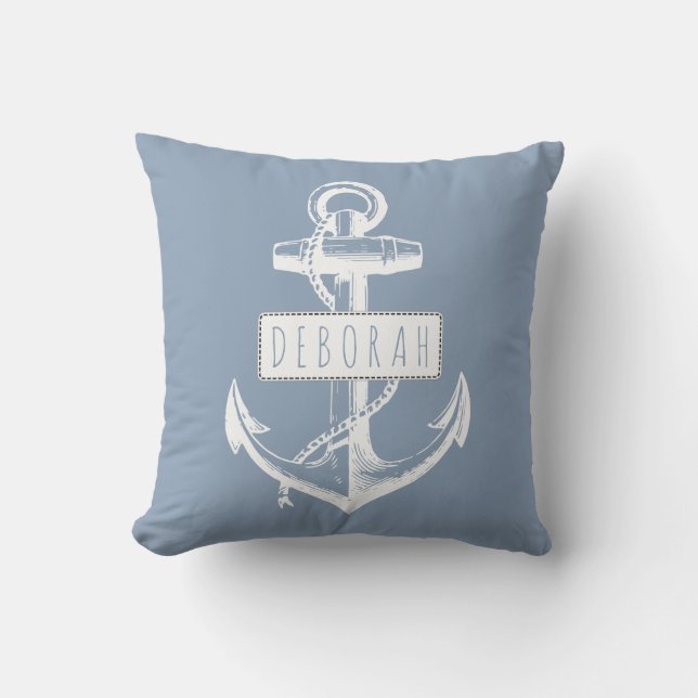 Vintage anchor dusty blue nautical reversible cushion (Front)