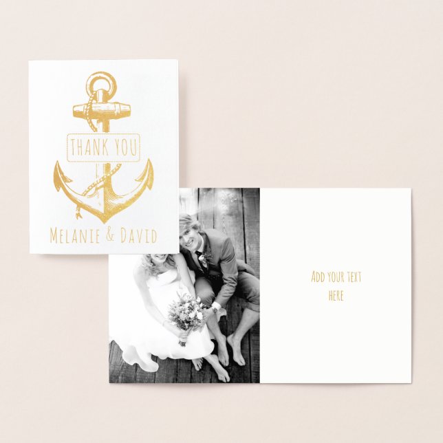Vintage anchor nautical wedding gold foil card (Display)