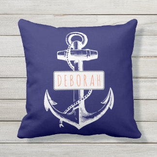 Vintage anchor navy blue nautical reversible outdoor cushion