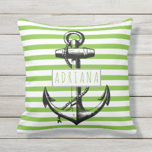 Vintage anchor on green striped pattern nautical outdoor cushion