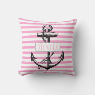 Vintage anchor on pink striped pattern nautical cushion