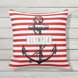 Vintage anchor red, white striped pattern nautical outdoor cushion