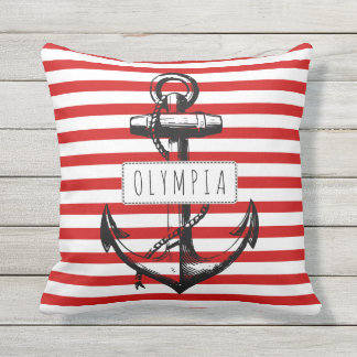 Vintage anchor red, white striped pattern nautical outdoor cushion