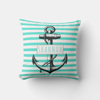 Vintage anchor turquoise striped pattern nautical cushion