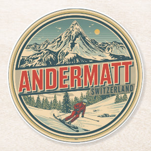 Vintage ANDERMATT ski Switzerland Swiss Alps gifts Round Paper Coaster
