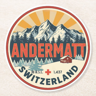 Vintage ANDERMATT ski Switzerland Swiss Alps gifts Round Paper Coaster