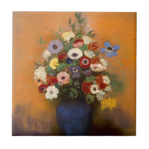Vintage Anemones and lilac in a blue vase Tile