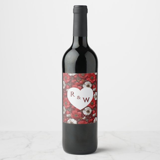 Vintage Anemones Sparkle Lakeside Wedding Wine Label (Front)