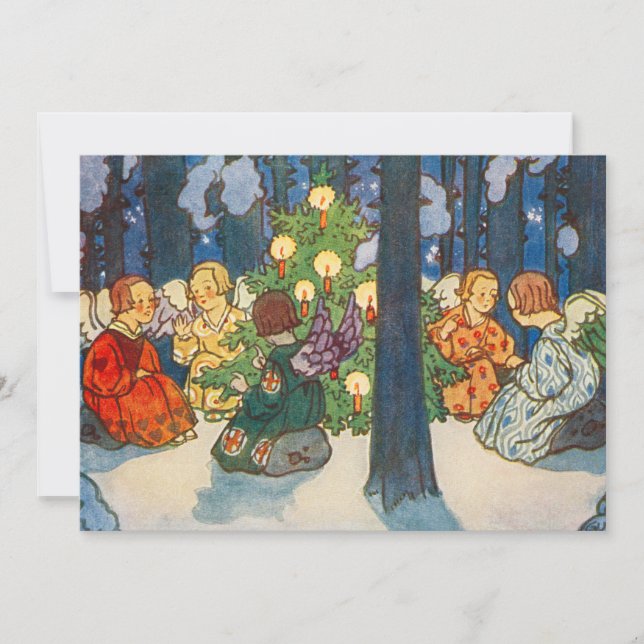 Vintage Angel and Christmas Tree Painting Holiday Card (Front)