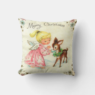 Vintage Angel and Deer Christmas Holiday  Cushion
