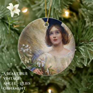 Vintage Angel and White Lilies Art Ceramic Tree Decoration