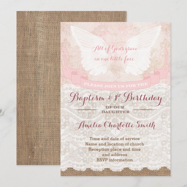 Vintage Angel Baptism and First Birthday Girl Invitation (Front/Back)