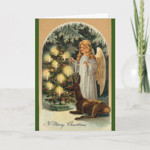 Vintage Angel & Deer Decorate Tree Christmas Card