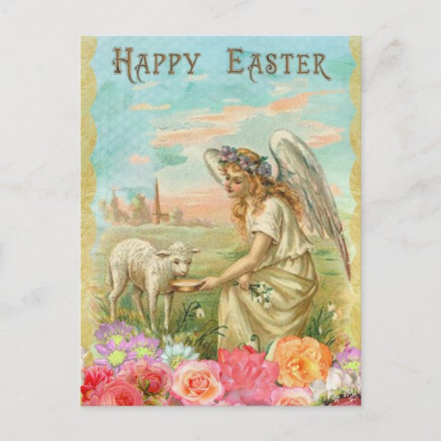 Vintage Angel & Lamb Easter Personalised Postcard (Front)