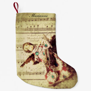 Vintage angel ornament on music small christmas stocking
