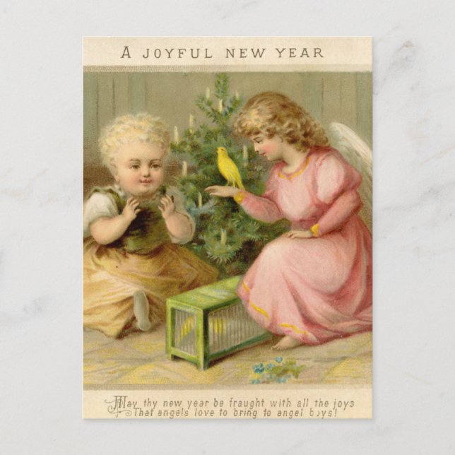 Vintage Angel With Canary Happy New Year Postcard (Front)