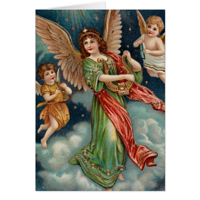 Vintage Angel With Harp and Two Cherubs (Front)