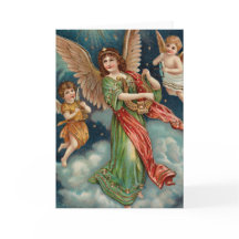 Vintage Angel With Harp and Two Cherubs