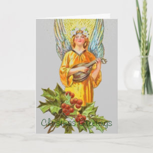 Vintage Angel With holly And Mandolin Holiday Card