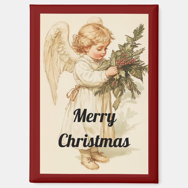 Vintage Angel With Holly Christmas Magnet (Front)