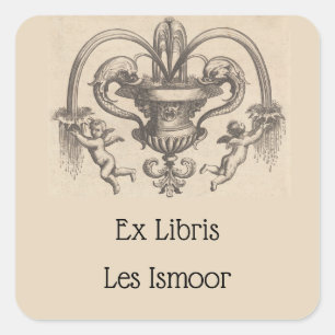 Vintage Angels and Fish Fountain Bookplate Square Sticker