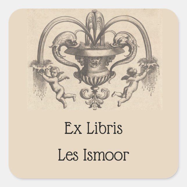 Vintage Angels and Fish Fountain Bookplate Square Sticker (Front)