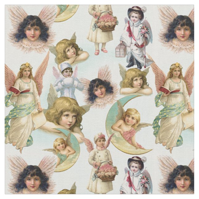 Vintage Angels in the Clouds Collage Fabric (Close Up)