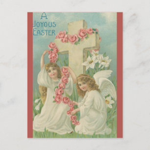 Vintage Angels With a Cross Pink Flowers Easter Postcard