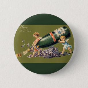 Vintage Angels with Champagne; A Happy New Year 6 Cm Round Badge