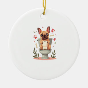 Vintage Angry French Bulldog Holding Toilet Paper  Ceramic Tree Decoration