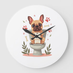 Vintage Angry French Bulldog Holding Toilet Paper Large Clock