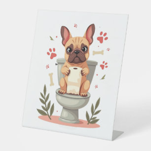Vintage Angry French Bulldog Holding Toilet Paper  Pedestal Sign