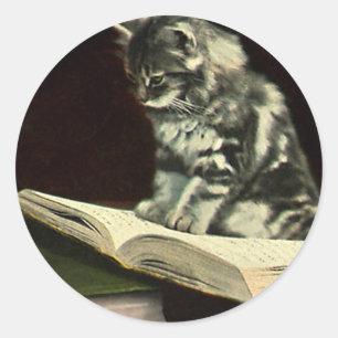 Vintage Animal, Cute Victorian Kitten Reading Book Classic Round Sticker