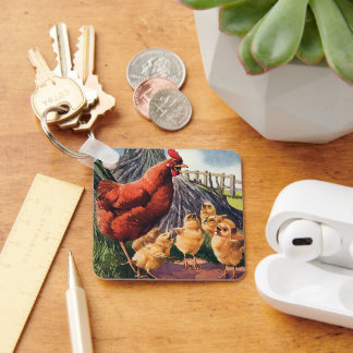 Vintage Animals, Chicken with Baby Chicks on Farm Key Ring