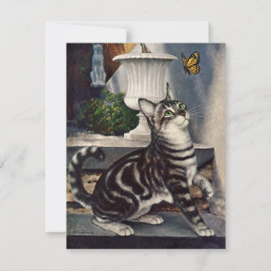 Vintage Animals, Cute Tabby Cat snd Butterfly