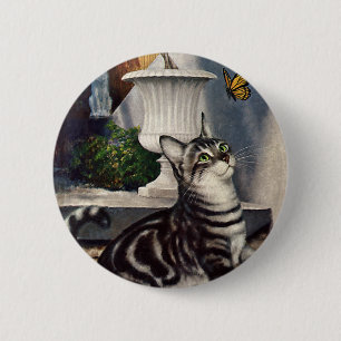 Vintage Animals, Cute Tabby Cat snd Butterfly 6 Cm Round Badge
