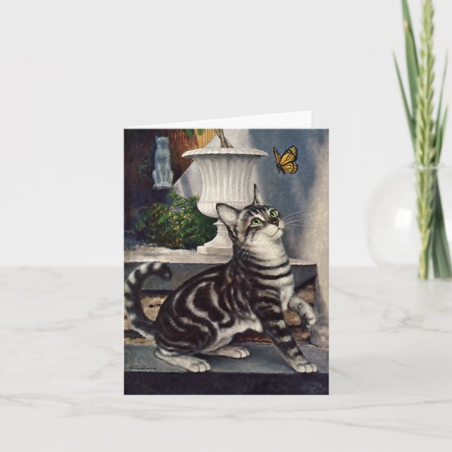 Vintage Animals, Cute Tabby Cat snd Butterfly Card (Front)