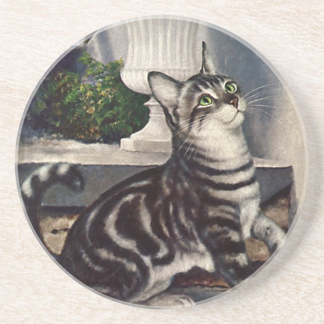 Vintage Animals, Cute Tabby Cat snd Butterfly Coaster (Front)