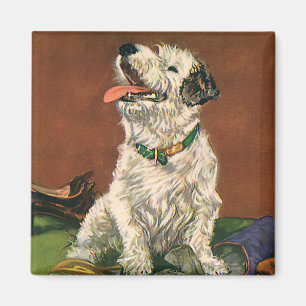 Vintage Animals, Cute Terrier Puppy Chewing Shoes Magnet