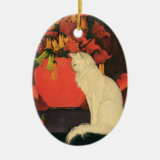 Vintage Animals, Elegant White Cat, Autumn Flowers Ceramic Tree Decoration