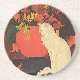 Vintage Animals, Elegant White Cat, Autumn Flowers Coaster