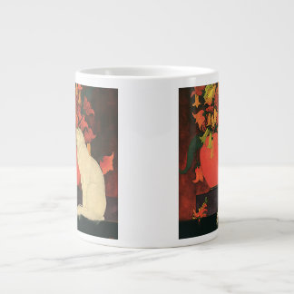 Vintage Animals, Elegant White Cat, Autumn Flowers Large Coffee Mug