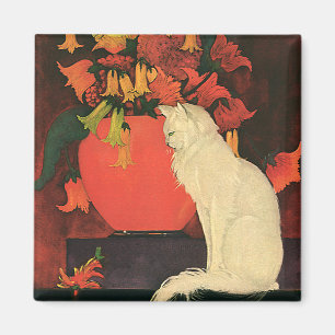 Vintage Animals, Elegant White Cat, Autumn Flowers Magnet
