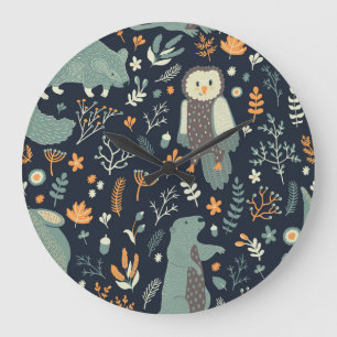 Vintage Animals Floral Seamless Texture Large Clock