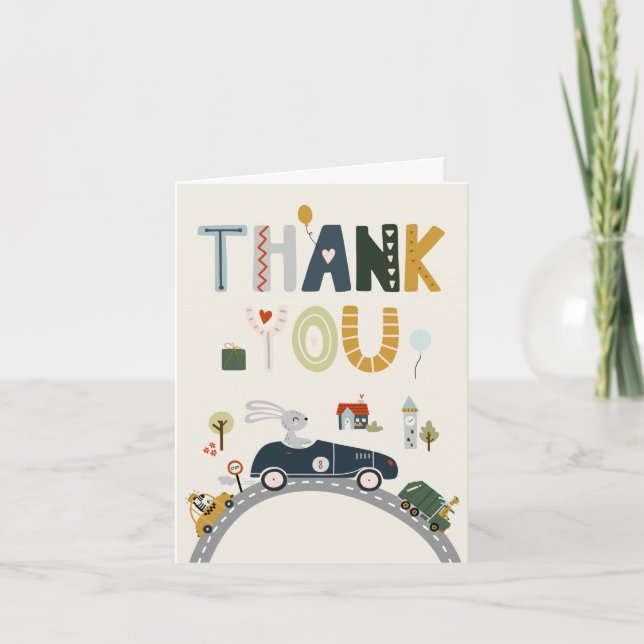 Vintage Animals in Cars Birthday Thank You Card (Front)