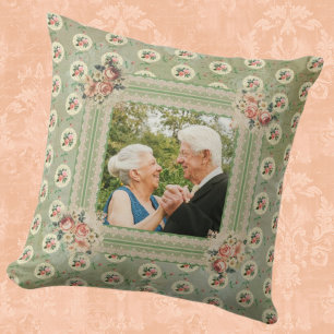 Vintage Anniversary Memory Photo Faded Roses Lace  Cushion